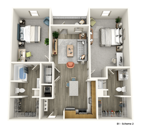 a 3d rendering of a floor plan with a bedroom and a bathroom