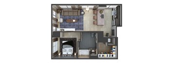 a 3d rendering of a bedroom with a bathroom and a living room