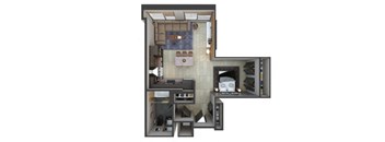 a stylized floor plan of a studio apartment