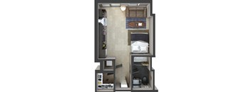 a studio apartment with a bed and a closet