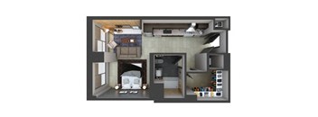 a rendering of a bedroom with a bathroom and a living room