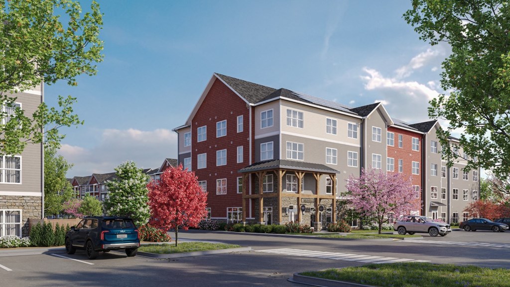 a rendering of an apartment building on a city street