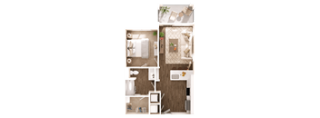 a stylized rendering of a bedroom with a bathroom and a living room