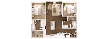 a 3d drawing of a bedroom with a bathroom and a living room