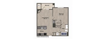 a plan of a floor plan with a bedroom and a kitchen