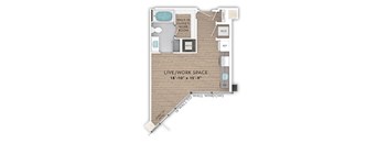 a floor plan of a small apartment with a bedroom and a bathroom