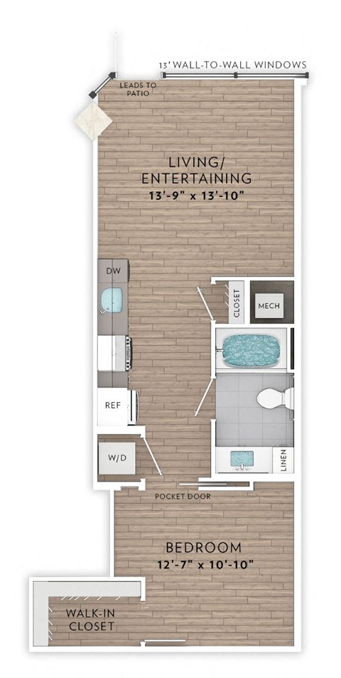 a floor plan of a small apartment with a bedroom and a bathroom