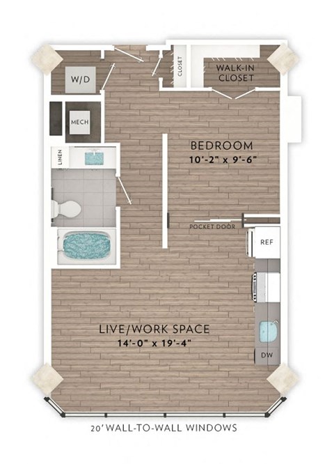 a floor plan of a room with a bathroom and a bedroom