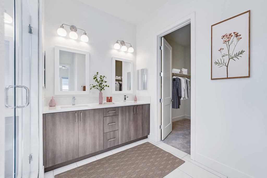 a bathroom with a sink and a mirror and a shower
