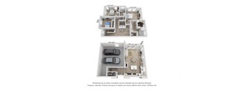 a stylized floor plan of a 3 bedroom apartment with wood flooring and a