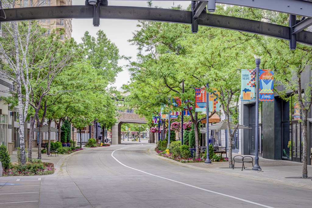 a street in a town with a road and trees