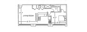 a floor plan of a living room with a dining room and a kitchen