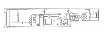 a drawing of a kitchen and dining room with furniture and appliances on a white background