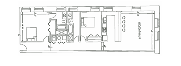 a line drawing of a hospital room with a patient bed