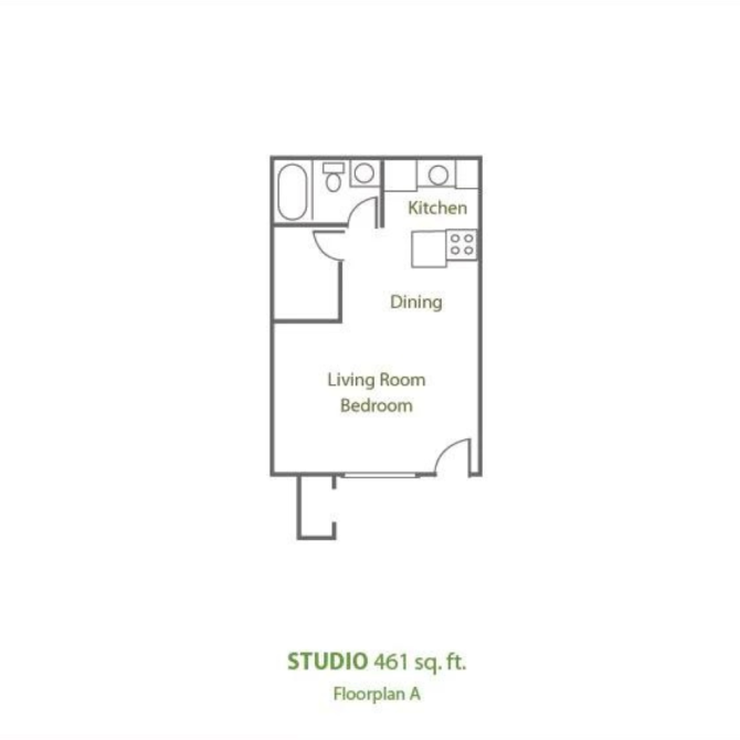 a floor plan of a studio apartment with a bedroom and a living room
