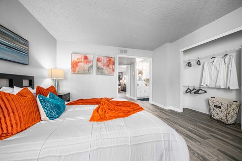 a bedroom with a large bed and a closet