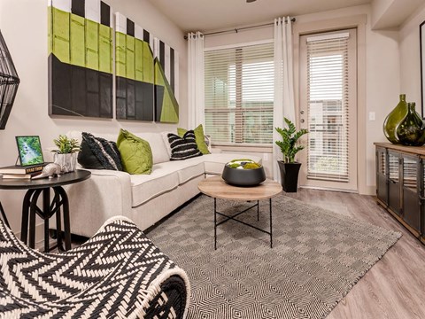 A living room with a white couch and a black and white rug.