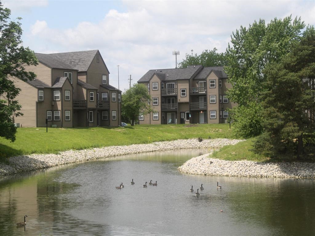 an apartment building overlooks a pond with ducks in the water