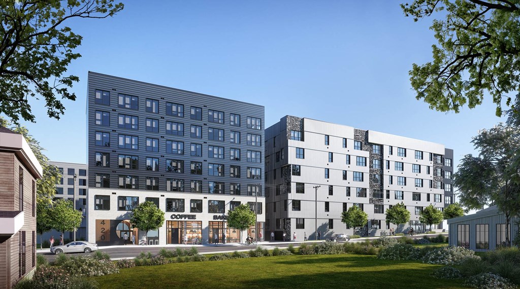 a rendering of two apartment buildings on a city street