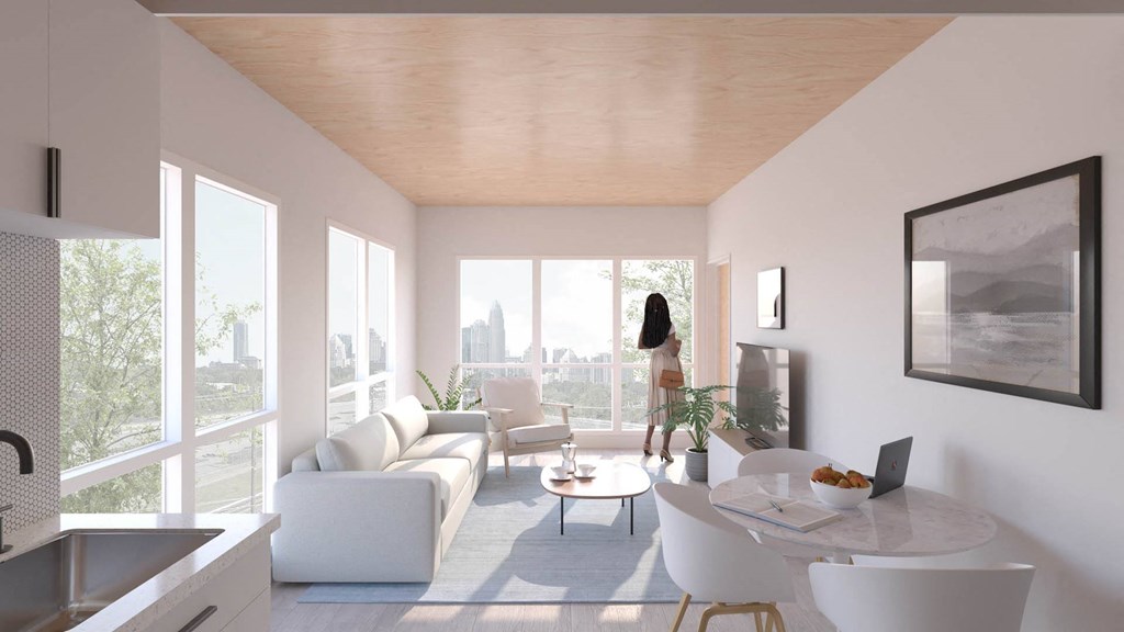 a rendering of a living room with white furniture and a table