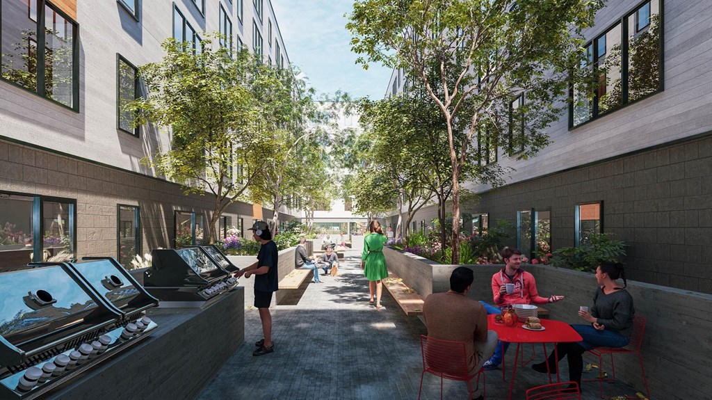 a rendering of people sitting at tables in a courtyard