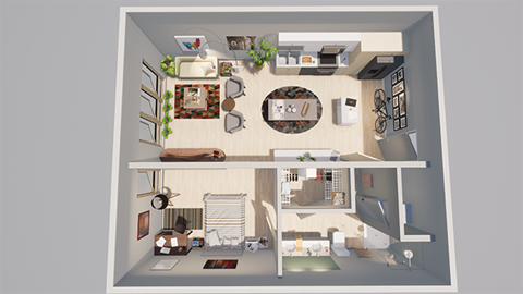 a top down view of a 3d floor plan of a house
