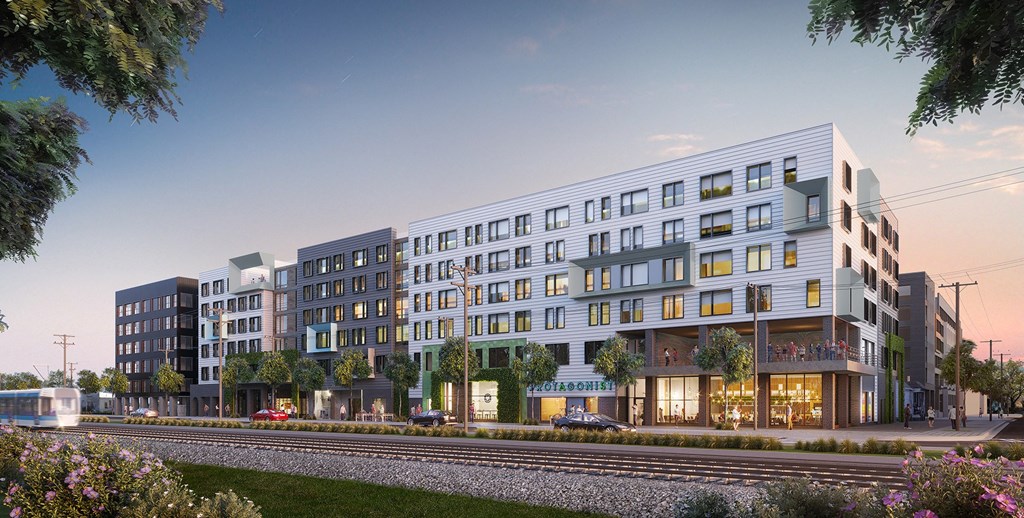 a rendering of an apartment building on a city street