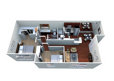 a 3d floor plan of a house with a kitchen and a living room