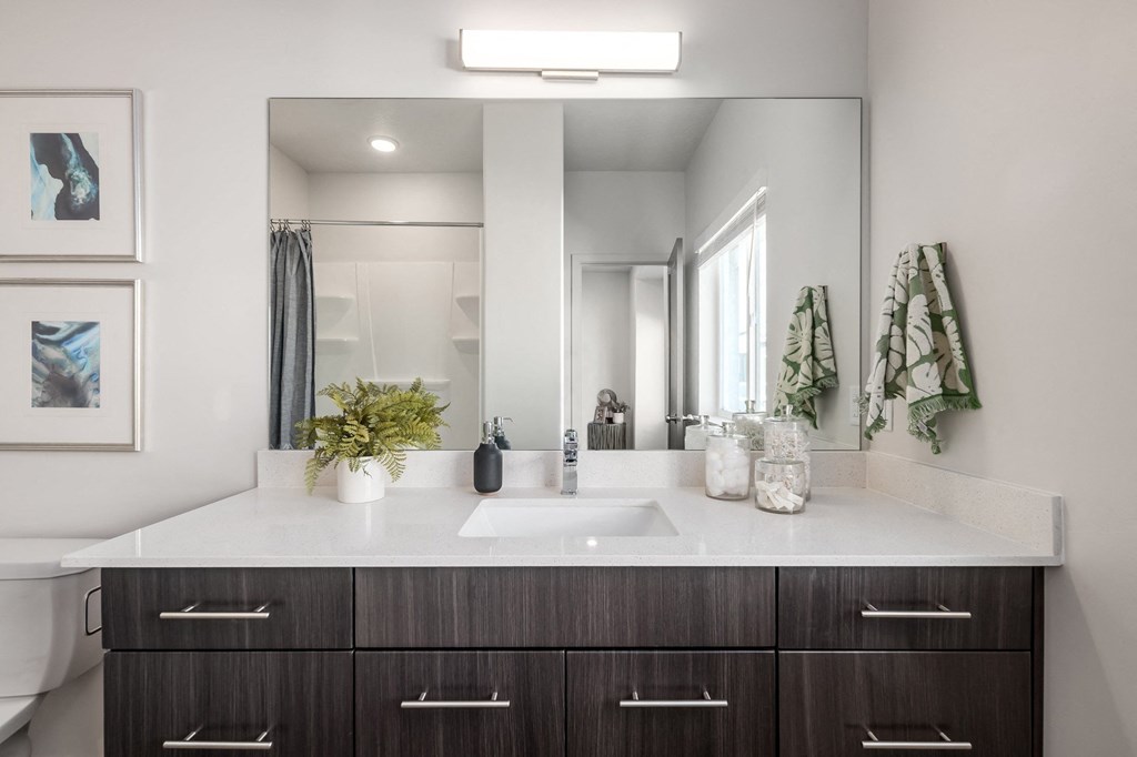 a bathroom with a large mirror and a sink