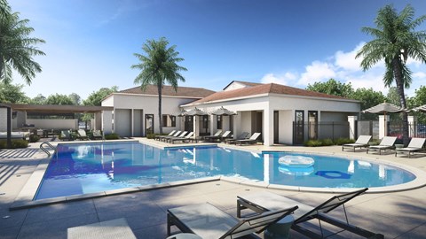 a swimming pool in front of a house with a pool