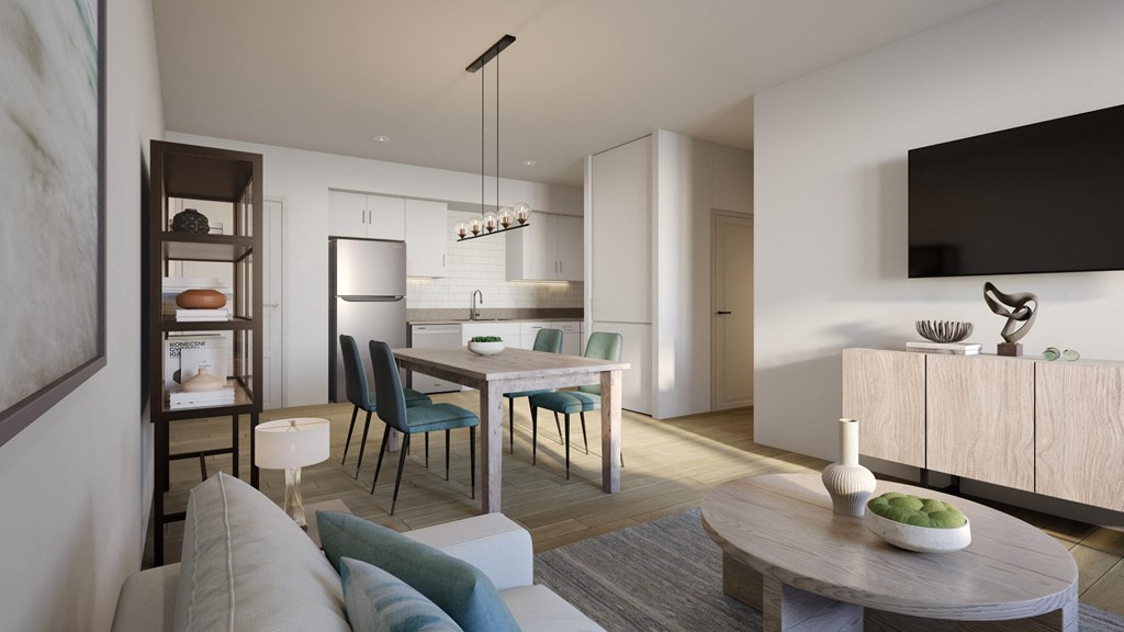 a rendering of a living room and dining room in an apartment