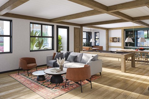 a rendering of a living room with couches and tables