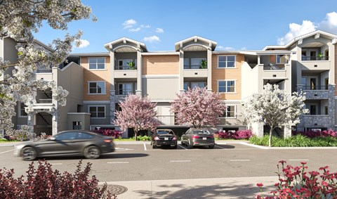 a rendering of an apartment building with cars in a parking lot