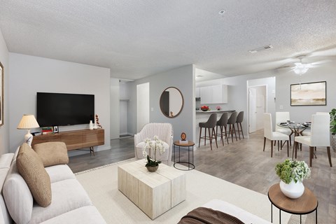 a living room and dining room with a couch and a table