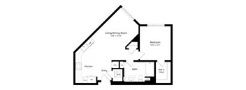 a floor plan of a living room with a bedroom and a kitchen