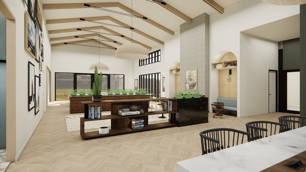 a rendering of a living room with a dining room and a kitchen