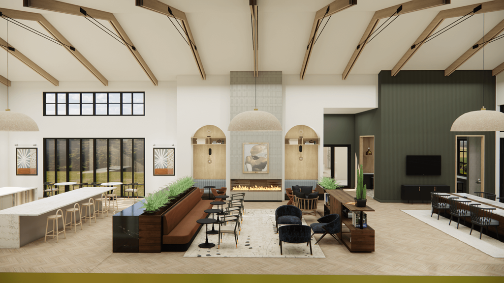 a rendering of a lobby with tables and chairs and a fireplace