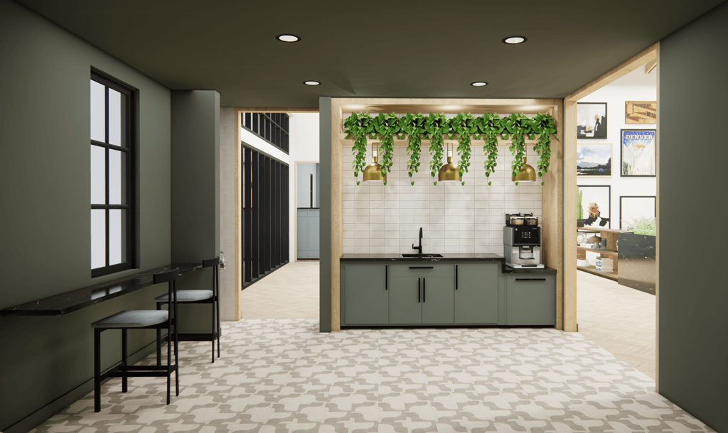 a rendering of a lobby with a counter and a coffee machine