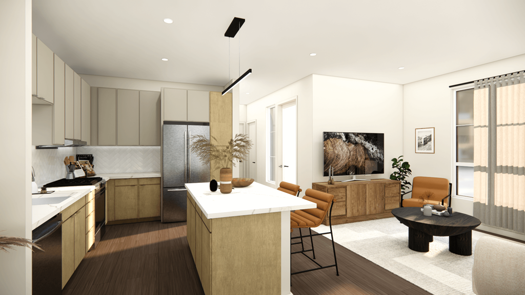 a rendering of a kitchen and living room with a table and chairs