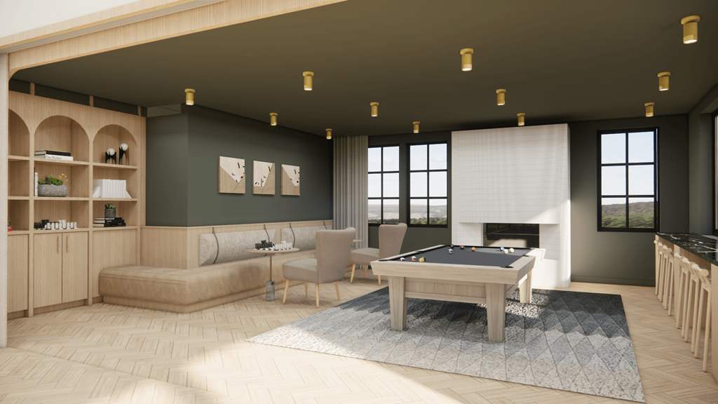 a rendering of a living room with a pool table