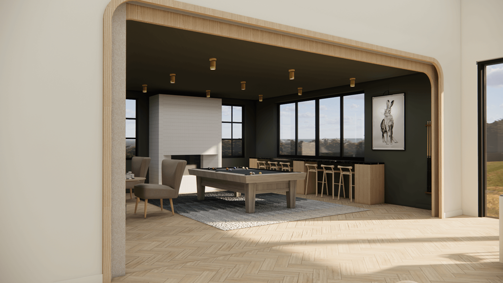 a rendering of a living room with a table and chairs