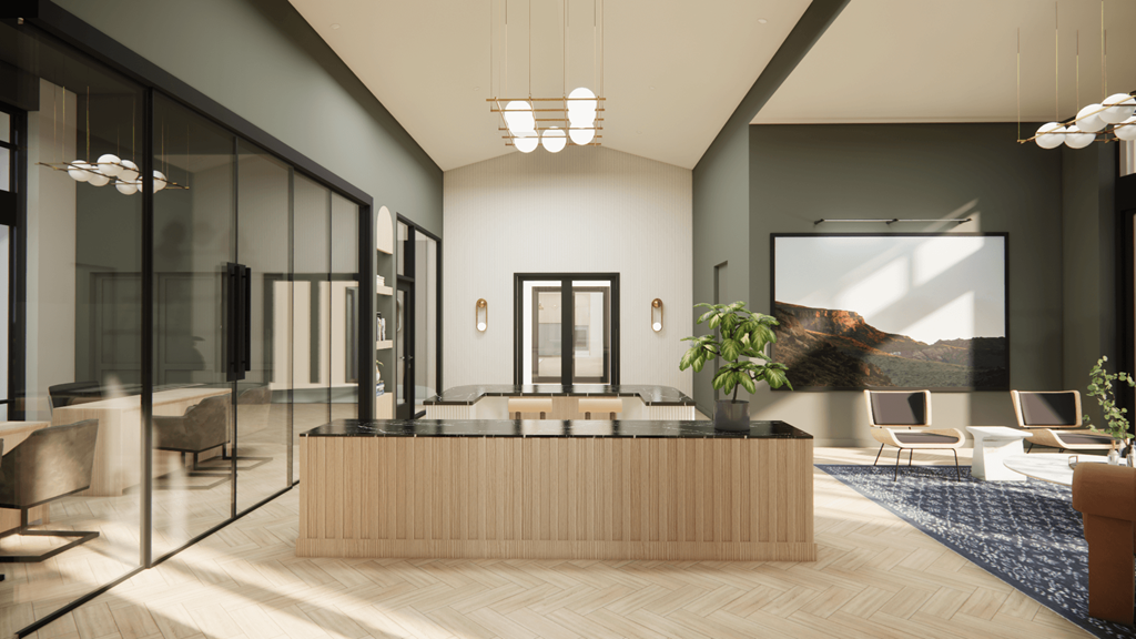 a lobby with a reception desk and a large picture on the wall