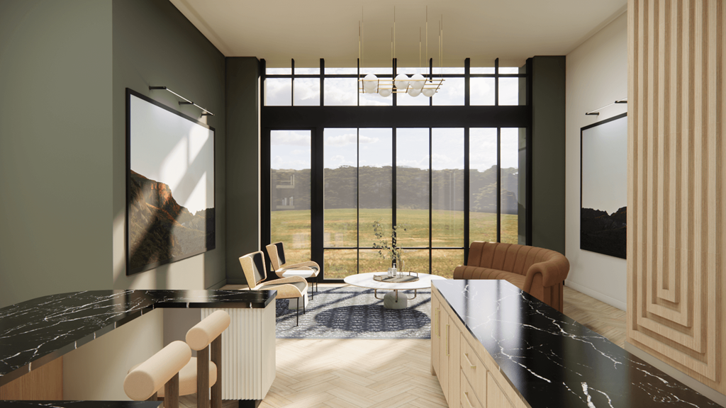 a living room with a table and chairs and a large window