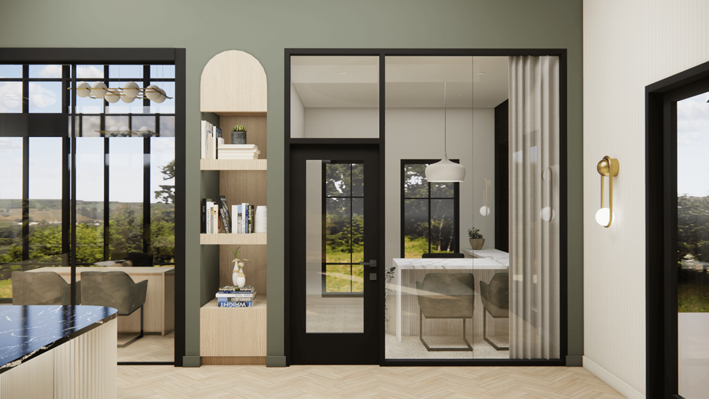 a kitchen and living room with glass doors and a view of the outdoors