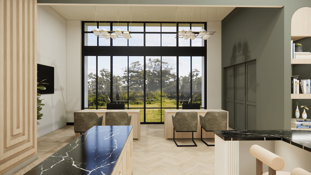 a rendering of a living room and dining room with large windows