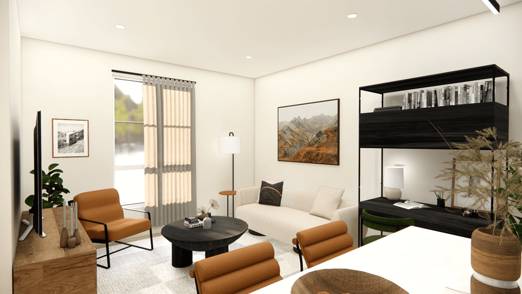 a rendering of a living room with a couch and a table