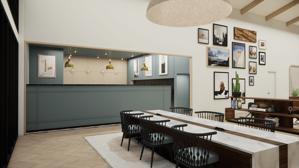 a long table and chairs in a room with a green wall