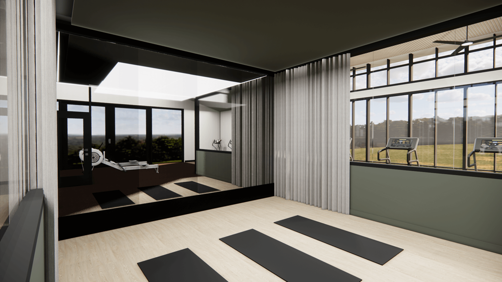 a living room with black and white rug and windows