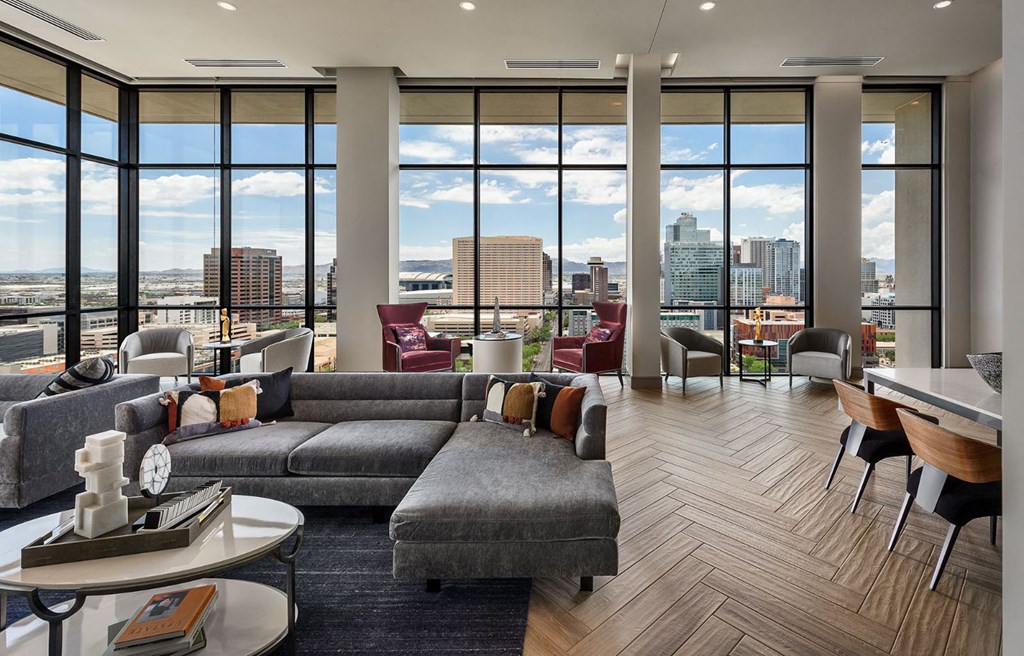 a rendering of a living room with a view of the city
