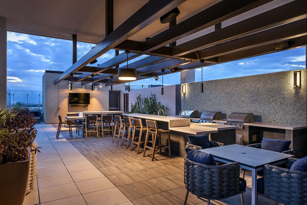 a rendering of a patio with tables and chairs